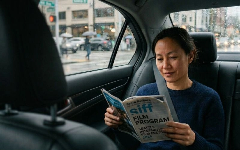 woman in back seat reading a film program