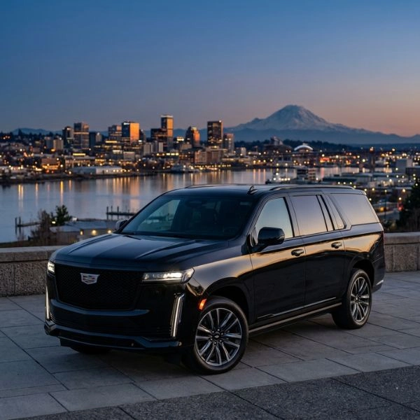 a black suv at night with city lights