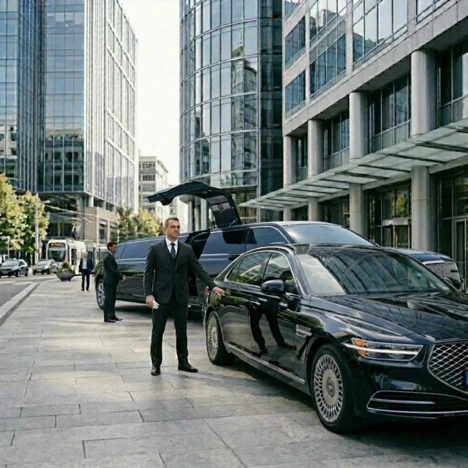 black limousine with open gullwing door behind sedan
