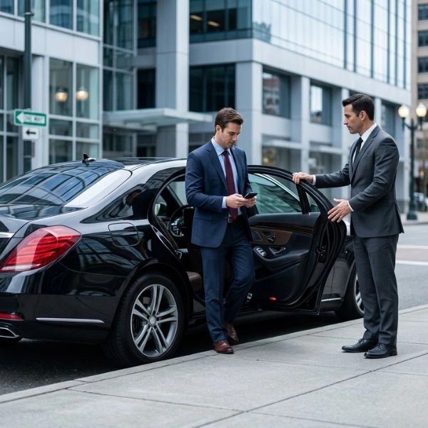 businessman looking at phone getting out ofcar