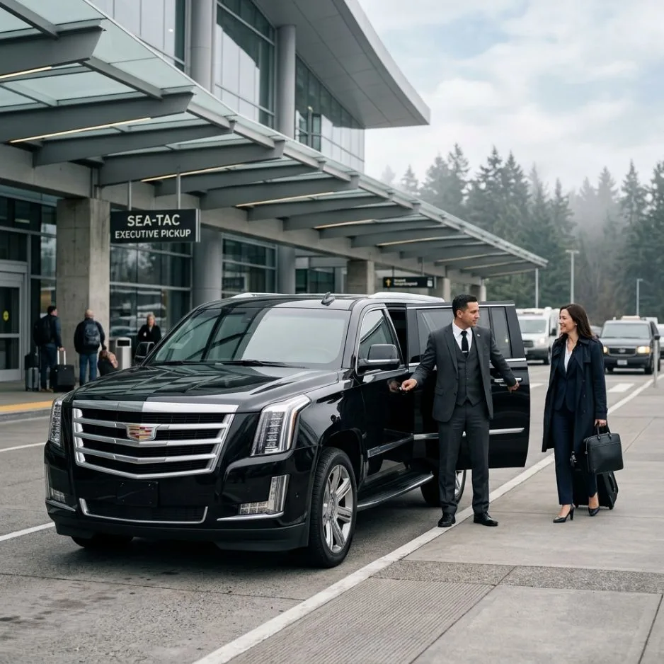 chaufeur opening car door for business woman at airport