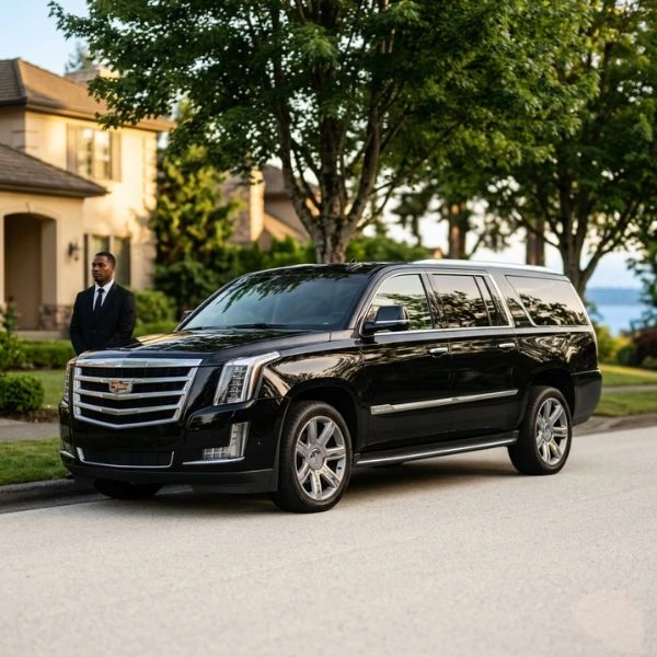 chauffeur in black suit beside black cadillac escalade