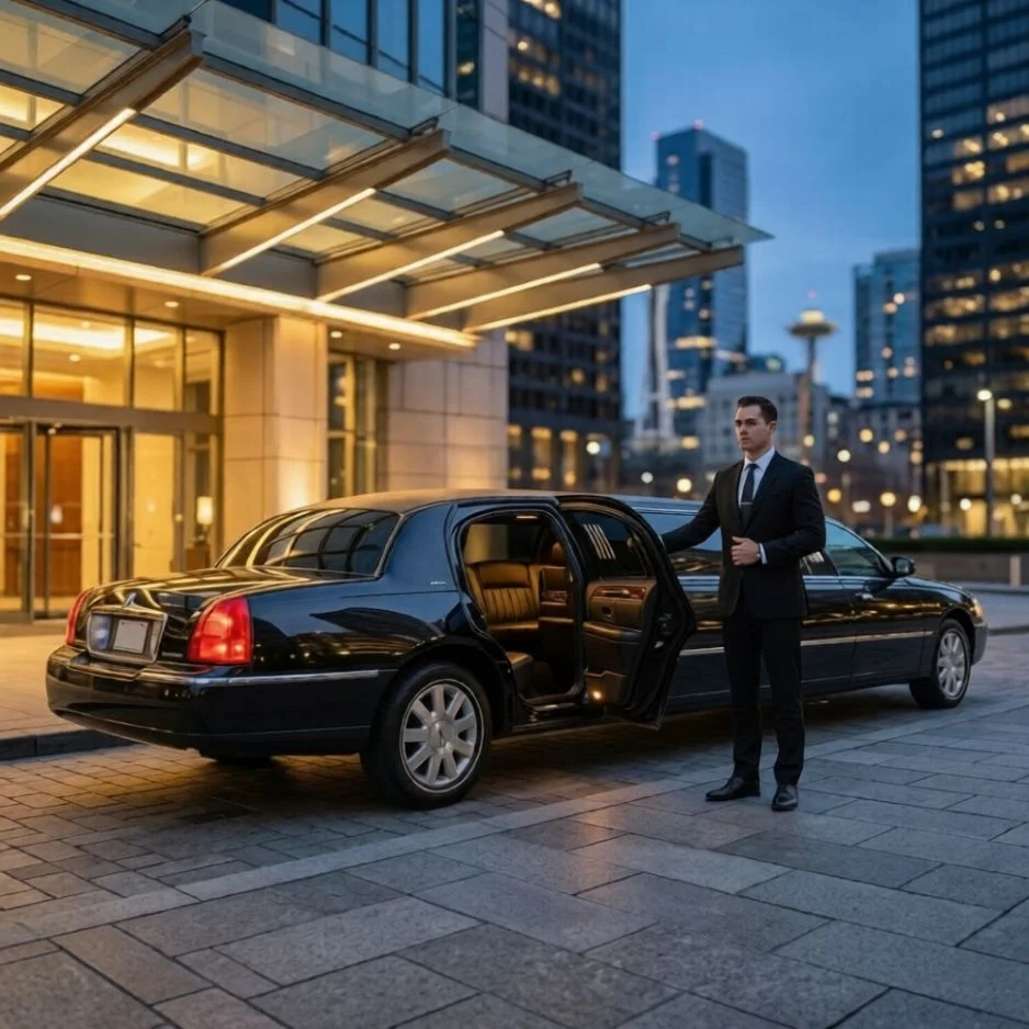 chauffeur standing by open door of black limousine