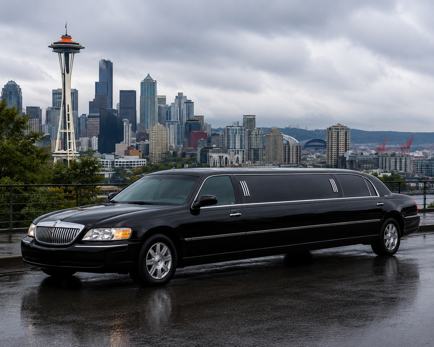 Black limousine parked in Seattle with the Space Needle and downtown skyline in the background on an overcast day.