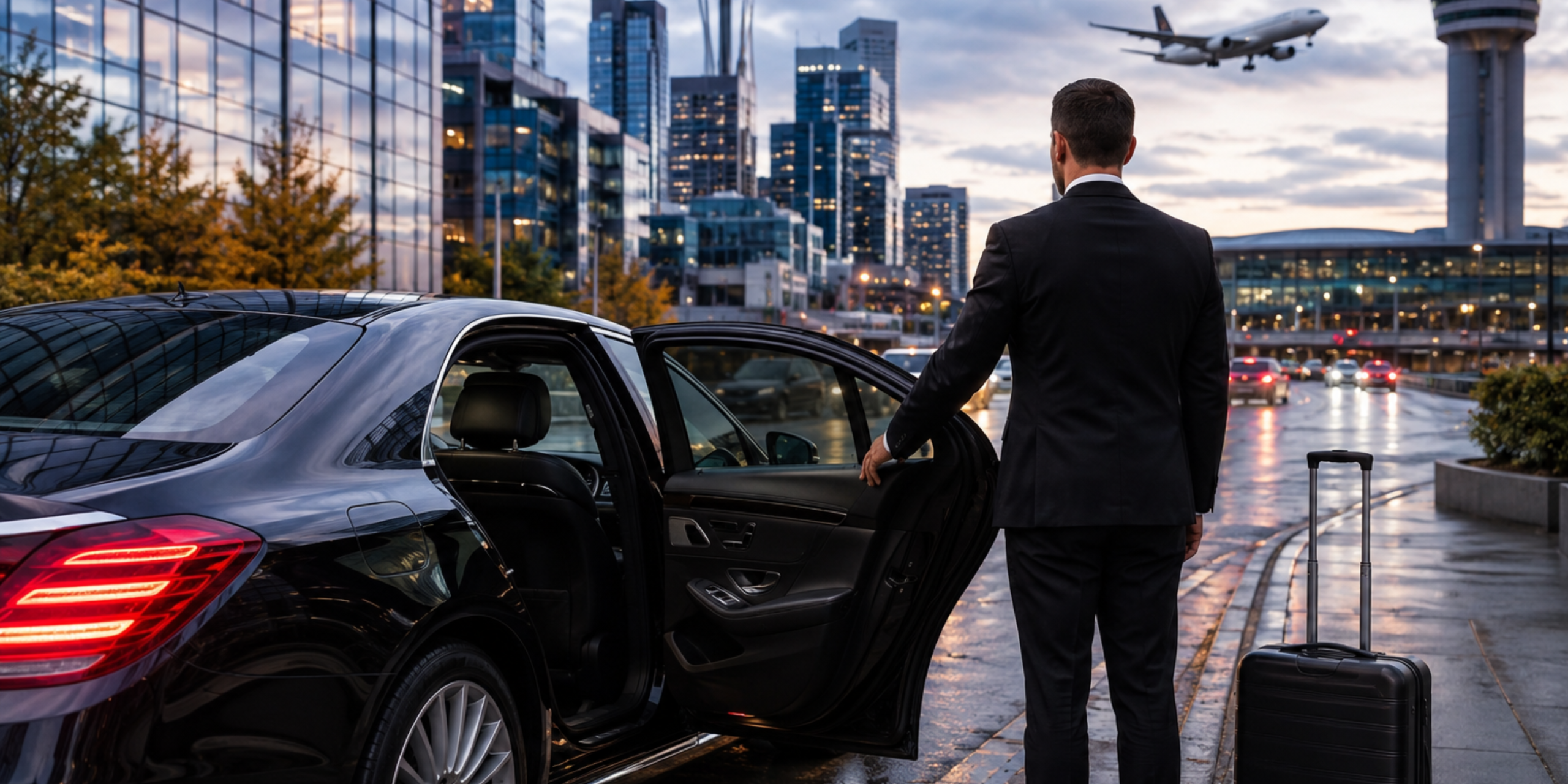 Executive airport chauffeur with luxury sedan at Seattle airport