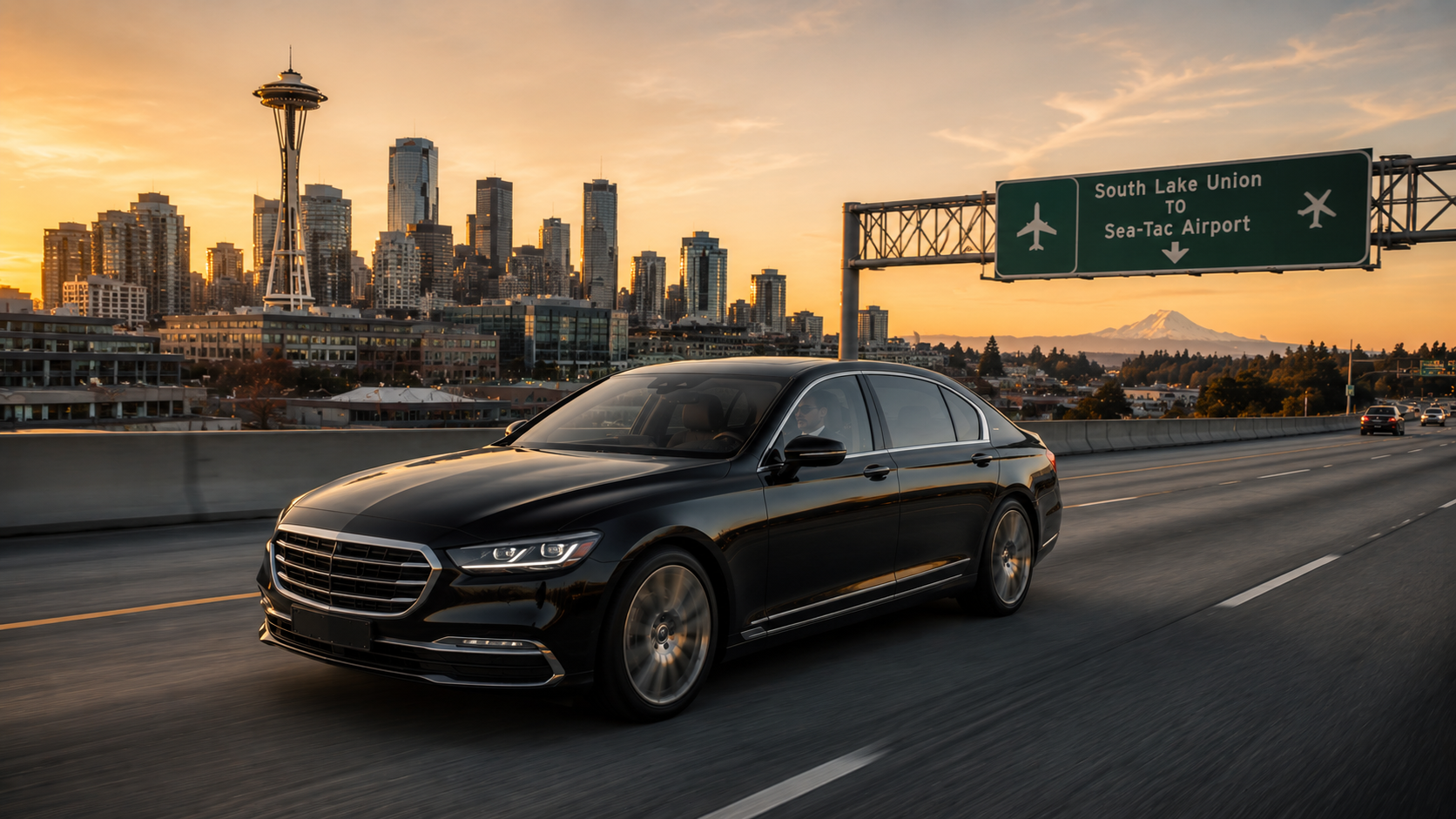  Luxury black sedan driving on a Seattle highway at sunset with skyline
