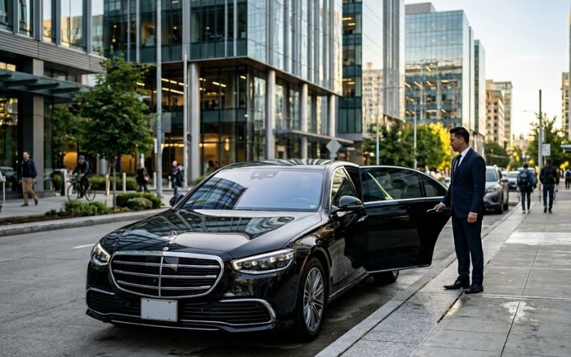black luxury corporate sedan in street