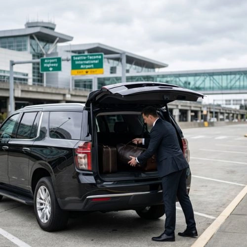 chauffeur loading luggage into a black luxury suv