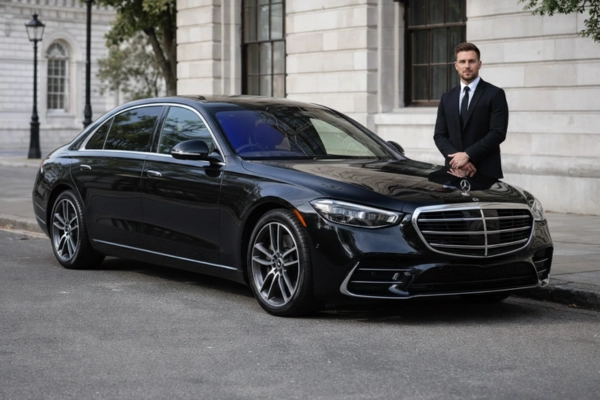 chauffeur standing beside a black luxury sedan car