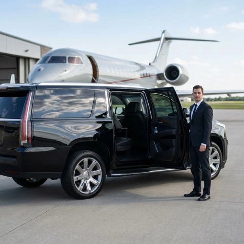 chauffeur stands by black suv near private jet chauffeur stands by black suv near private jet
