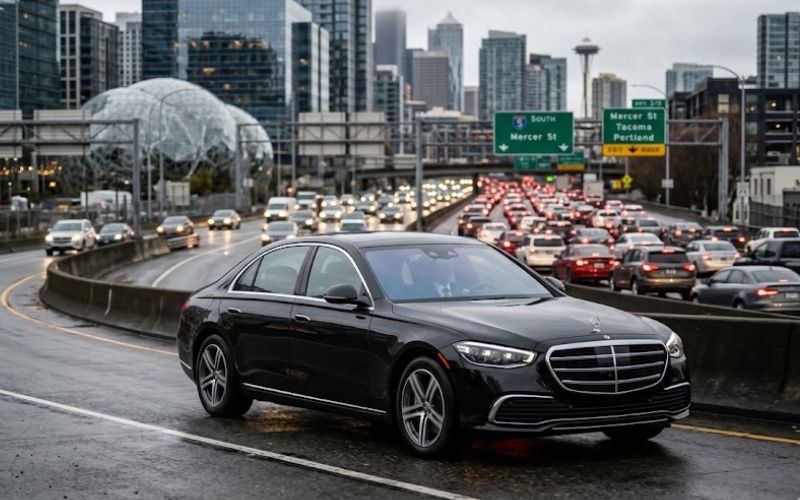 luxury black car in seattle afternoon traffic luxury black car in seattle afternoon traffic