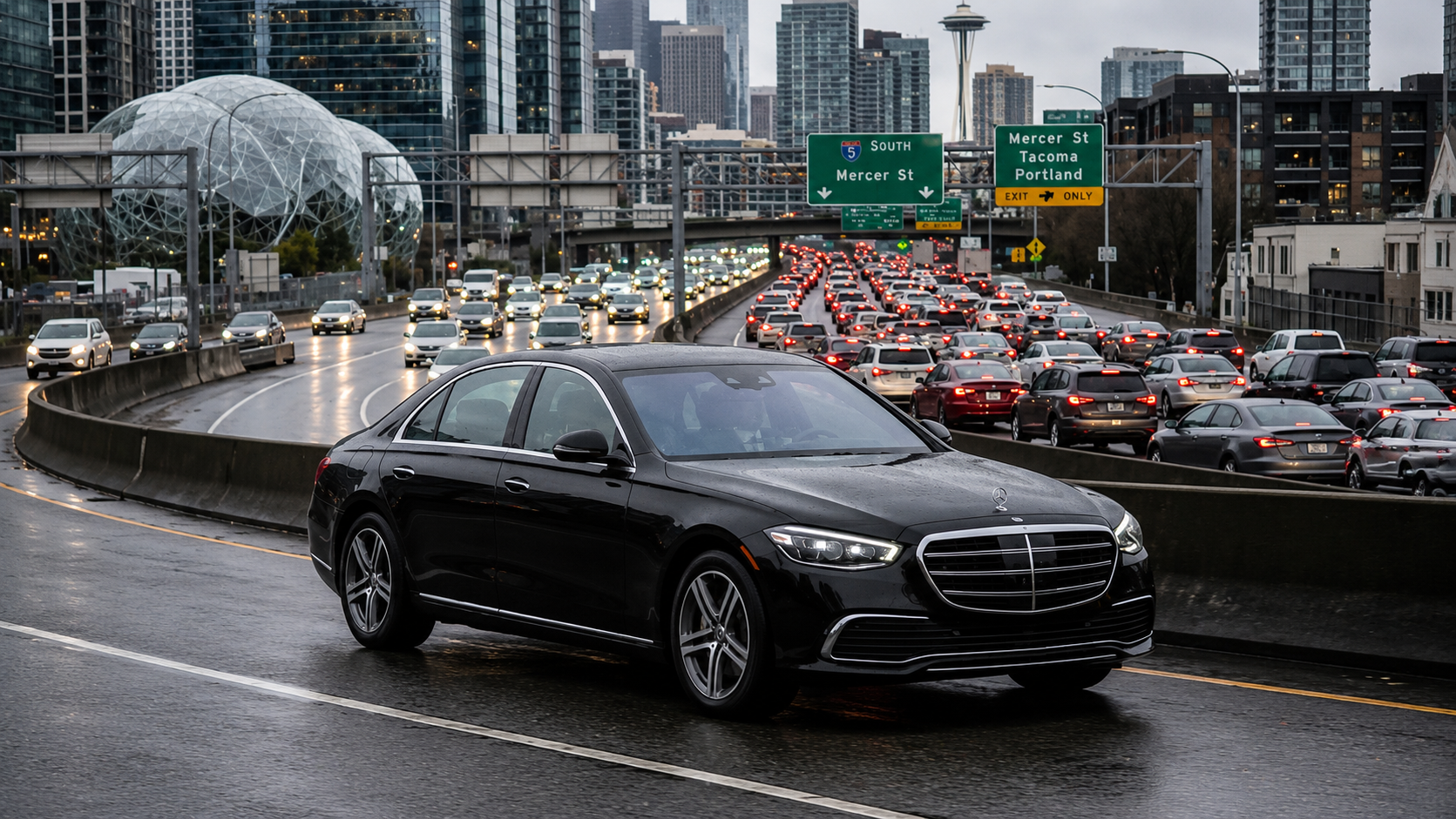 
luxury black car in seattle afternoon traffic.