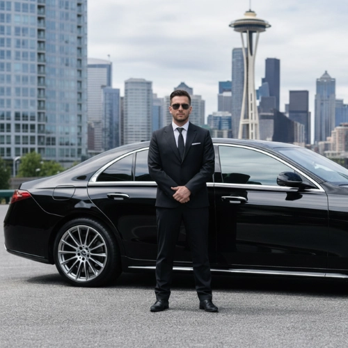 private chauffeur standing by black luxury car private chauffeur standing by black luxury car