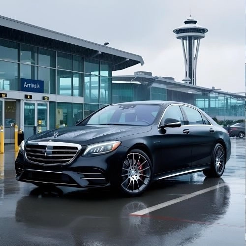 black mercedes sedan parked outside arrivals at sea tac airport