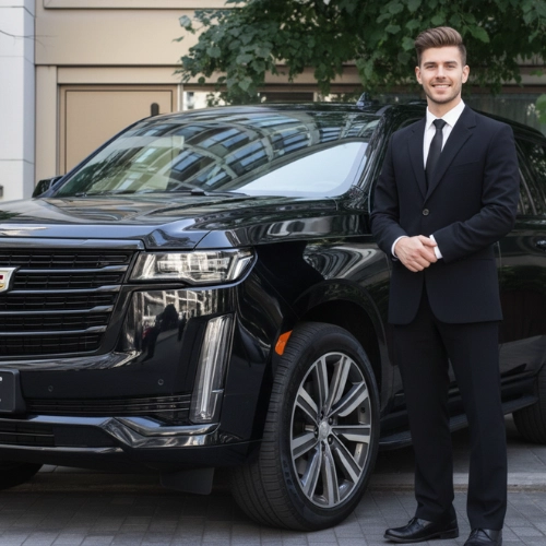 chauffeur in suit standing beside black suv for black car service seattle