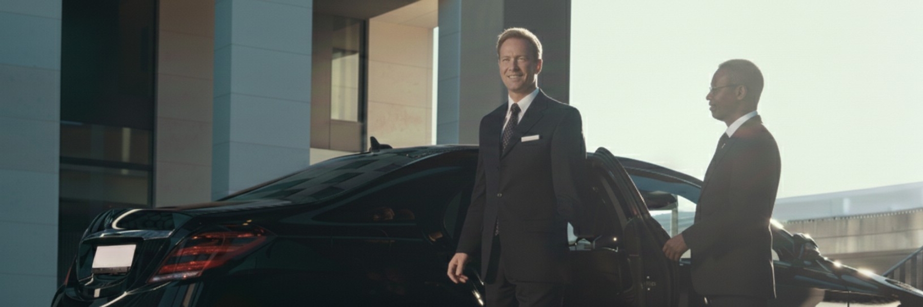 chauffeur opening luxury sedan door for corporate traveler