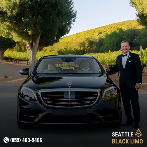 luxury black sedan and chauffeur at a vineyard luxury black sedan and chauffeur at a vineyard