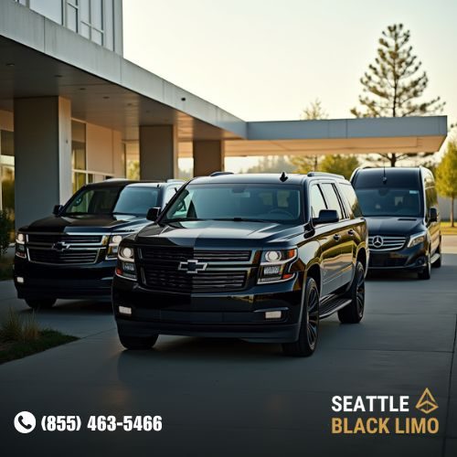seattle black limo luxury fleet parked at building seattle black limo luxury fleet parked at building