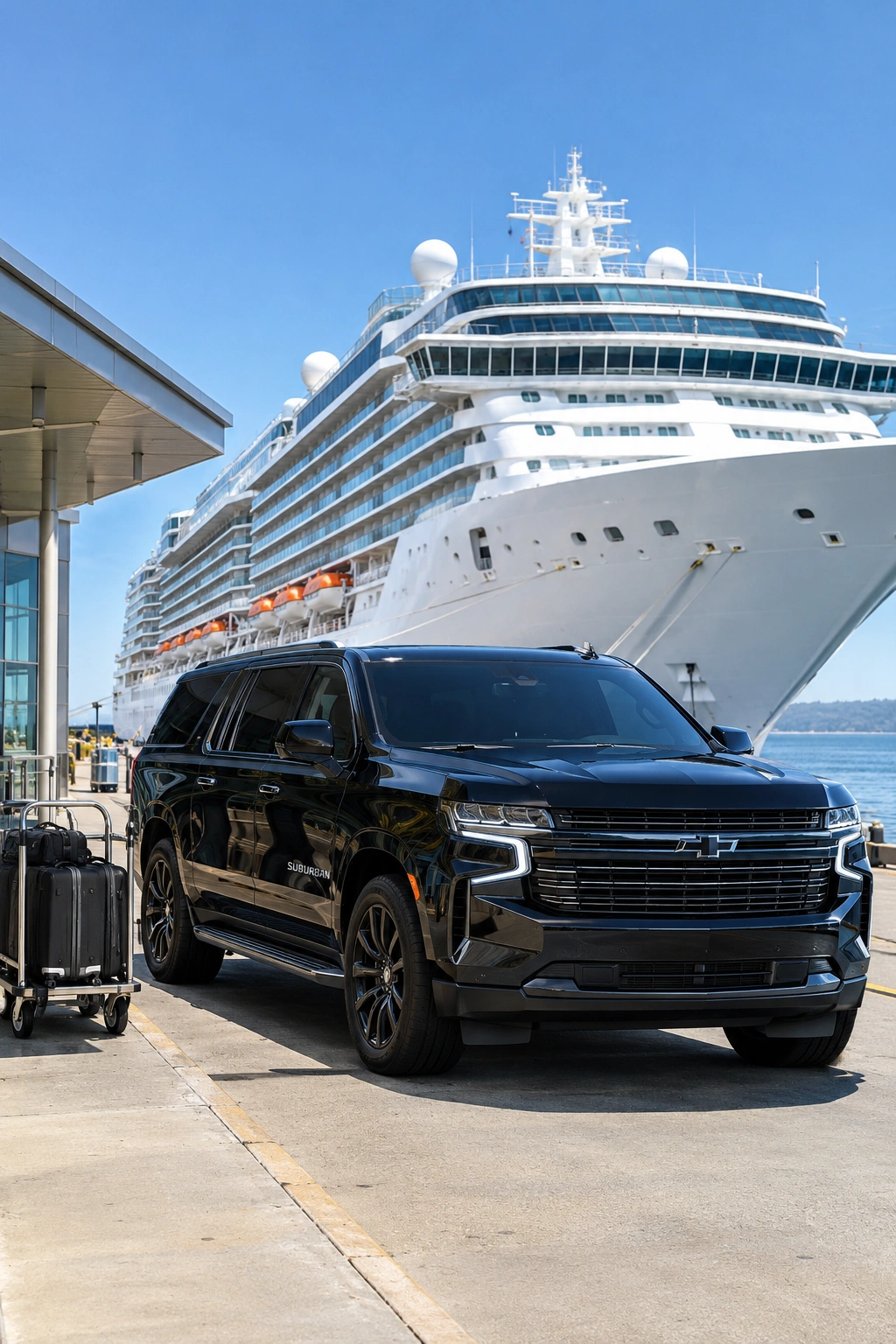 Black SUV at the Seattle cruise terminal for a transfer from Kent