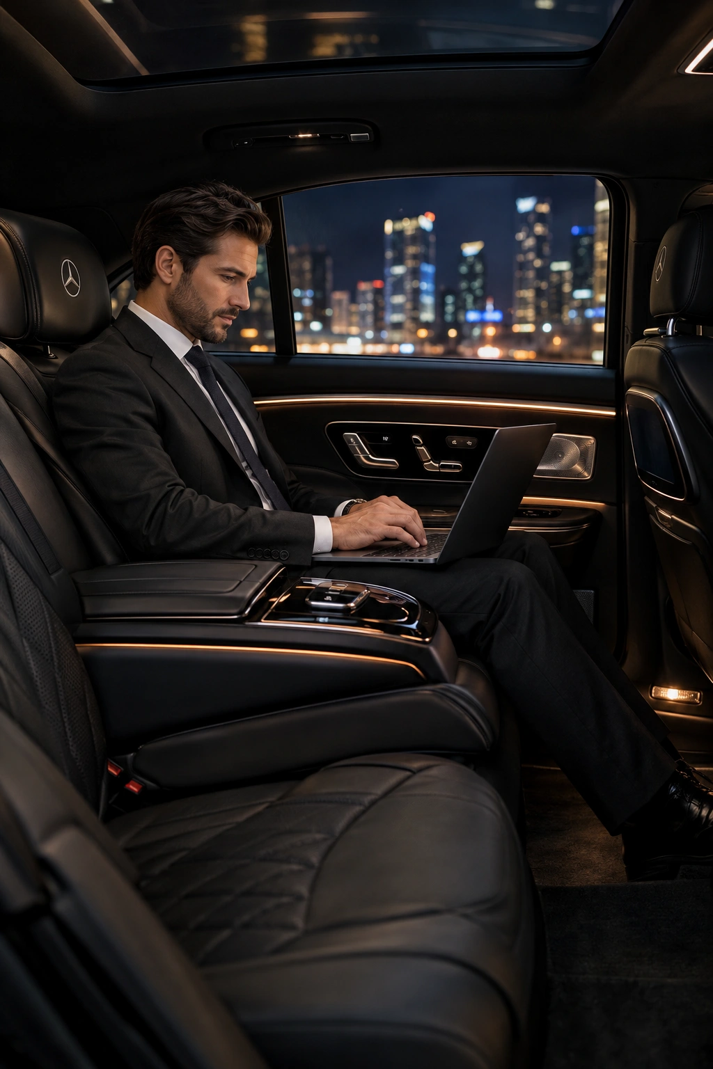 Executive working in the back seat of a chauffeured sedan on a Kent business trip