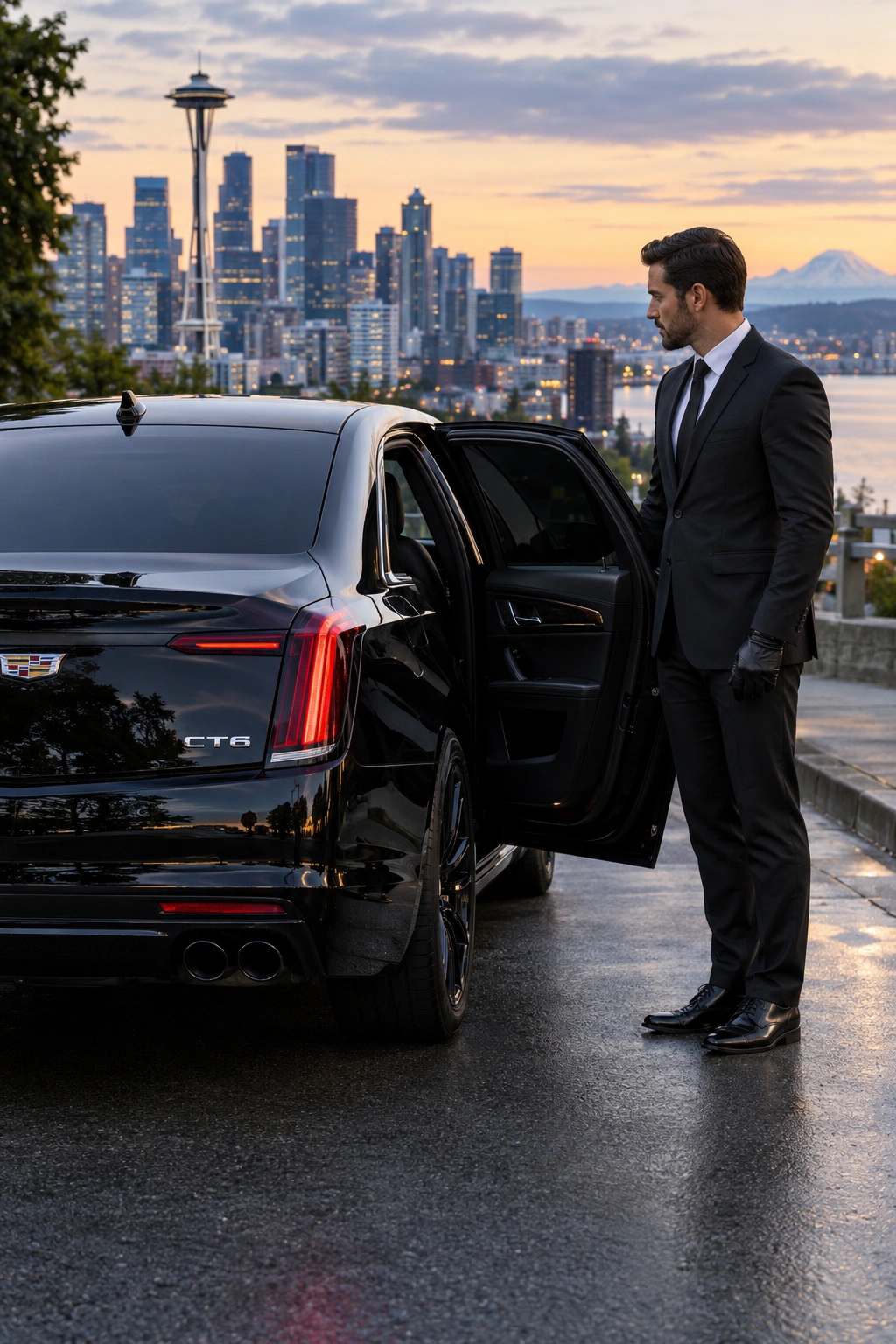 Chauffeur by the open door of a luxury sedan for hourly service in Kent