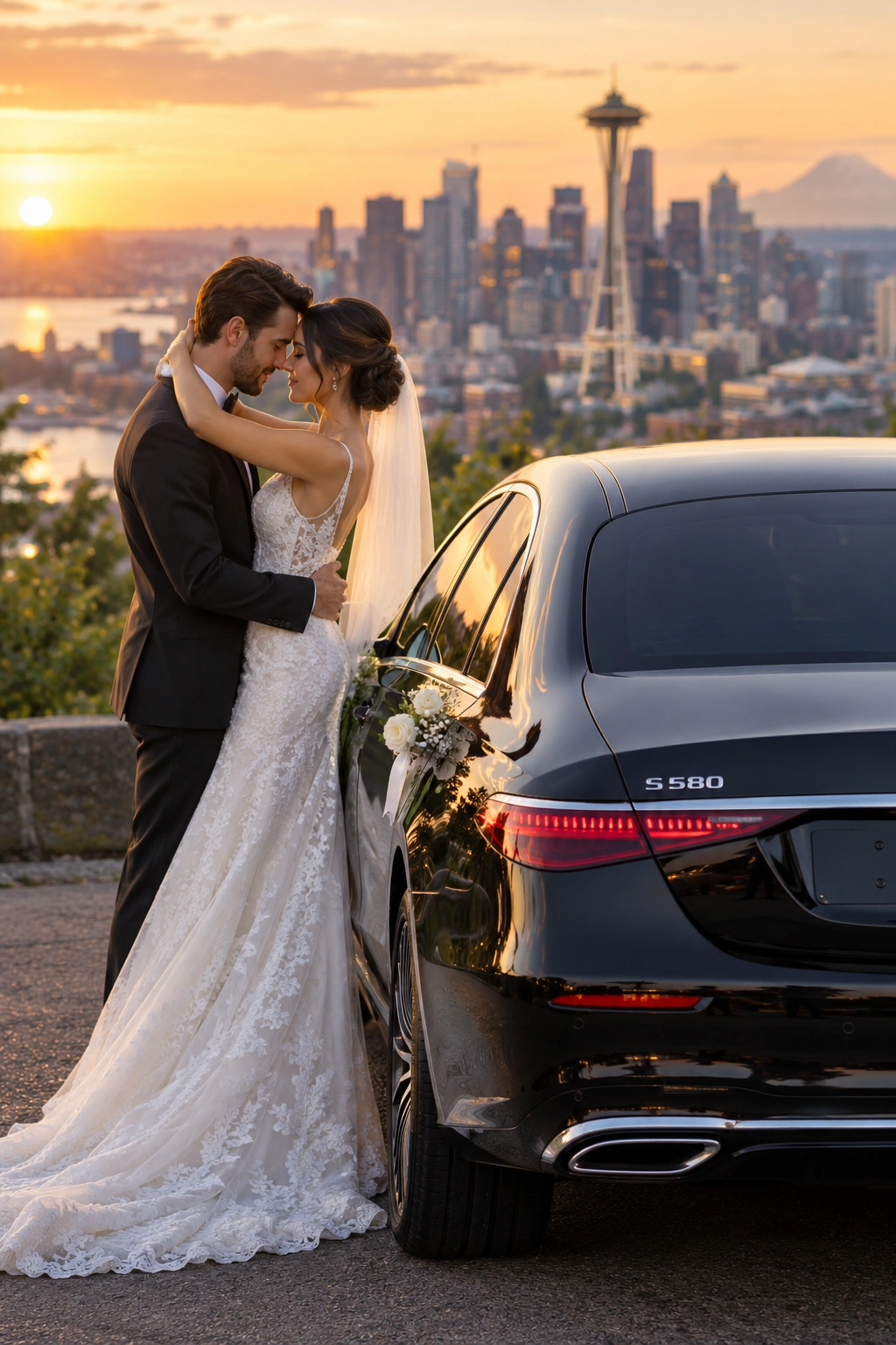 Bride and groom beside a luxury wedding car for a Kent wedding