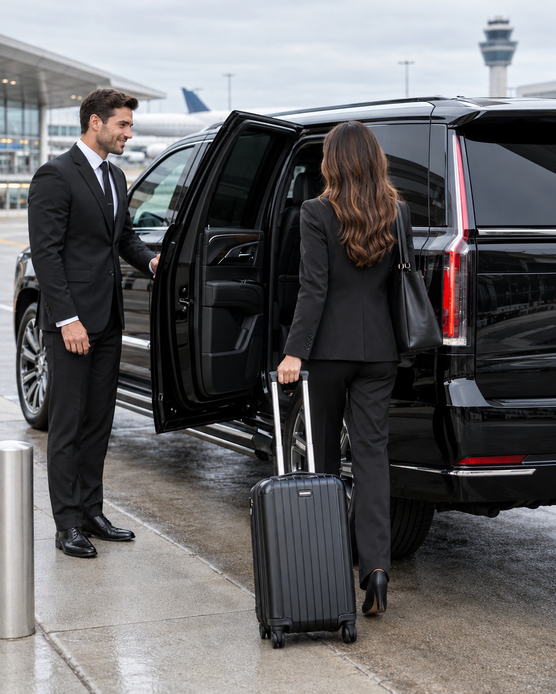 Seattle Black Limo chauffeur opening the rear door for a client in Kent, WA