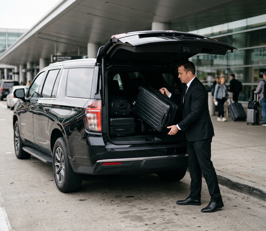 Chauffeur loading luggage into a black SUV for a Kent airport transfer