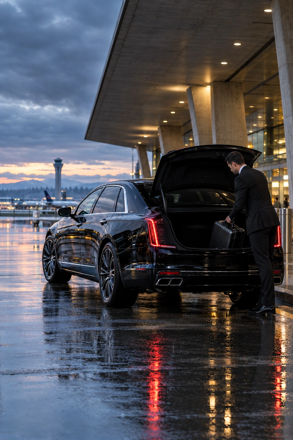 Black sedan at Sea-Tac Airport for a Kent airport car service pickup