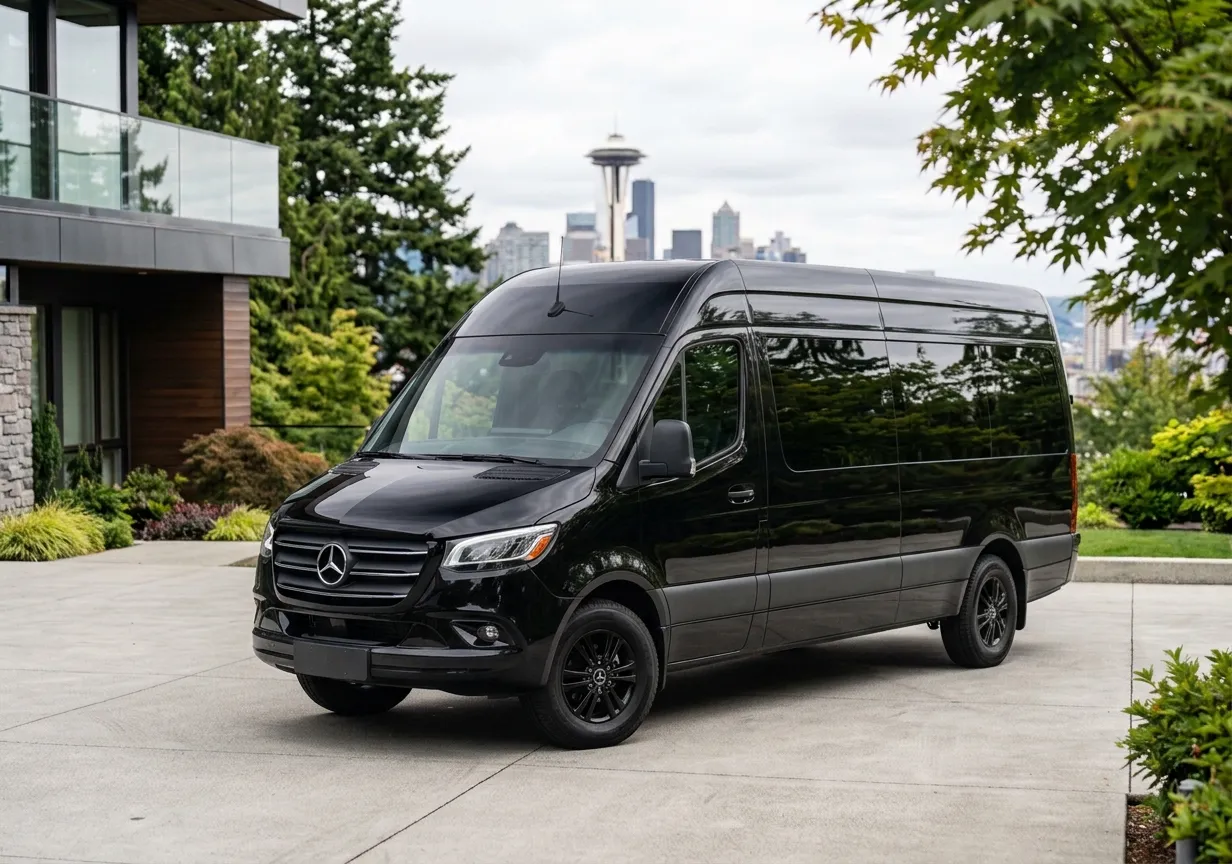 Black Mercedes Executive Sprinter van for group transportation in Renton