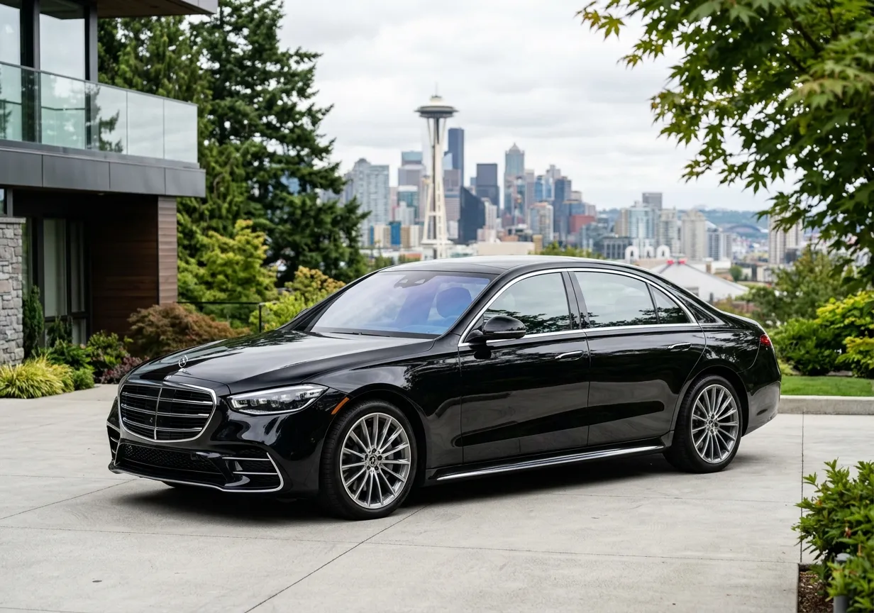 Black Mercedes-Benz S-Class luxury sedan for limo service in Renton, WA